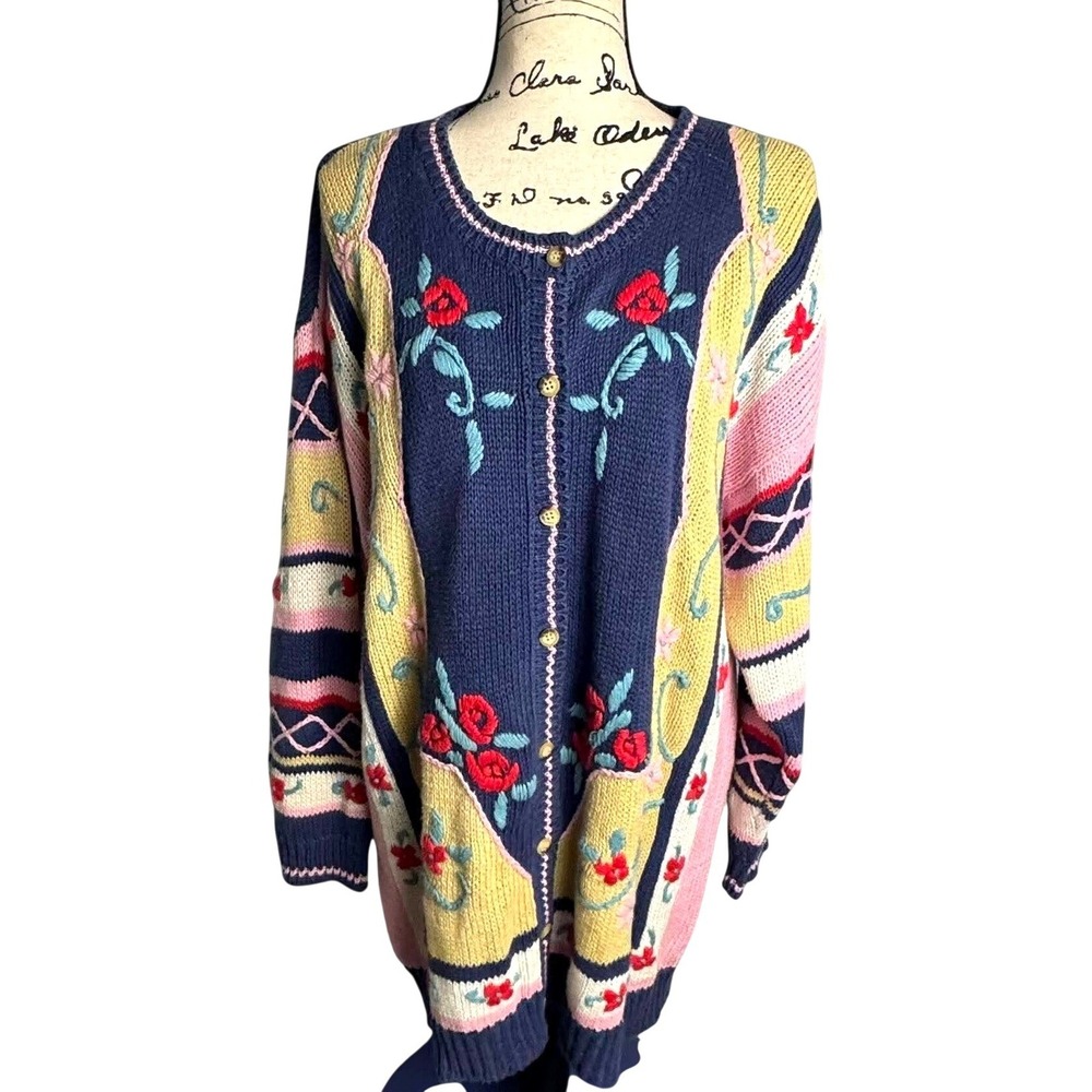 Vtg Hunters Run Sweater Cardigan 3D Flowers Oversized Large Grannycore Cottage